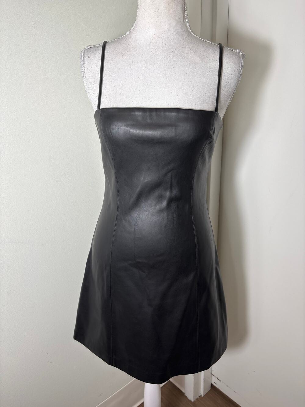 Susana Monaco Black Faux Leather Spaghetti Strap Mini Dress Sz S